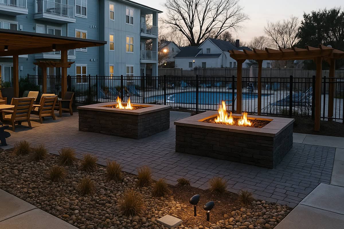 Custom outdoor fire feature with flames, stone seating, and paver patio, enhancing backyard ambiance in West Meade, TN.