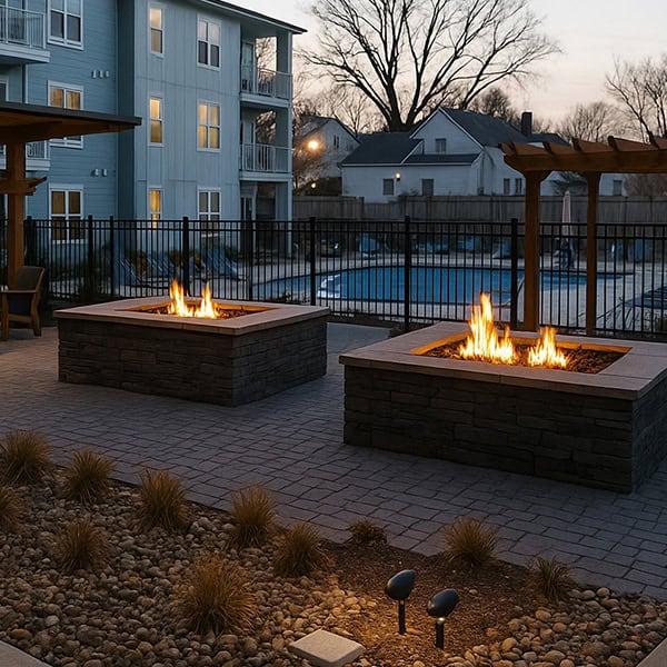 custom outdoor fire features 2 Custom outdoor fire pits with flames illuminating a cozy patio space, surrounded by landscaped stones and grass, enhancing the ambiance and warmth of outdoor living in Nashville, TN.